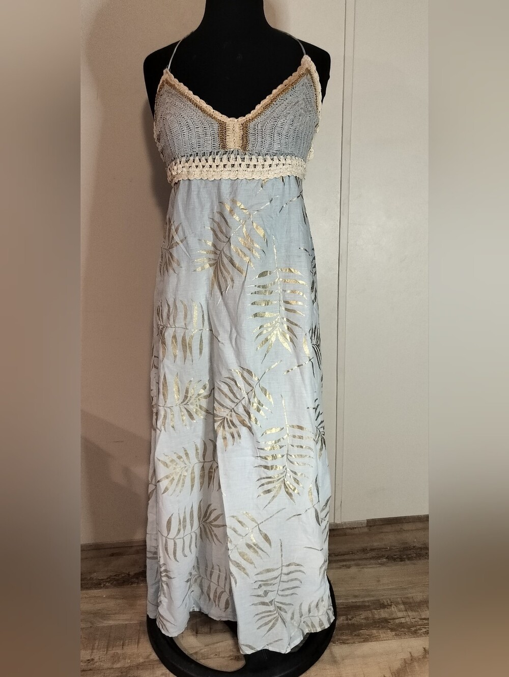 Light Blue Crochet-Bodice Maxi Dress with Gold Leaf Print